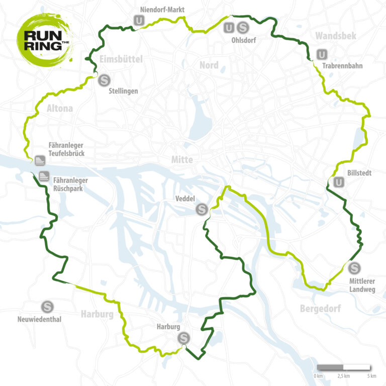 Übersichtskarte Run the Ring, Laufstrecke rund um Hamburg