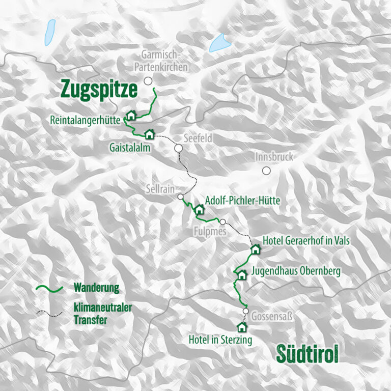 Übersichtskarte mit Geländedarstellung, Route der grünen Alpenüberquerung von der Zugspitze nach Südtirol