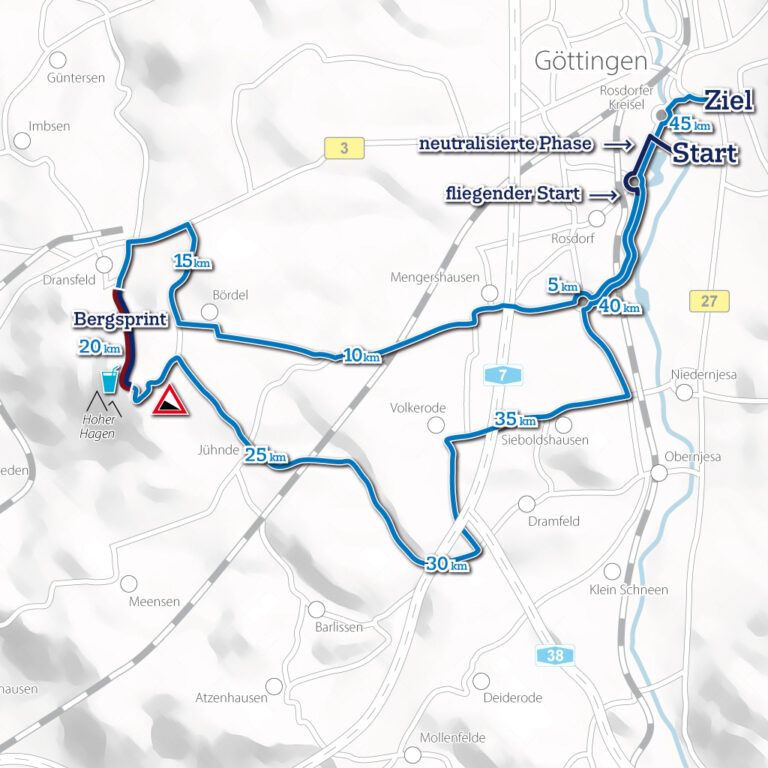 Streckenkarte der Radrundfahrt Tour'd Energie in Göttingen mit Geländeschummerung